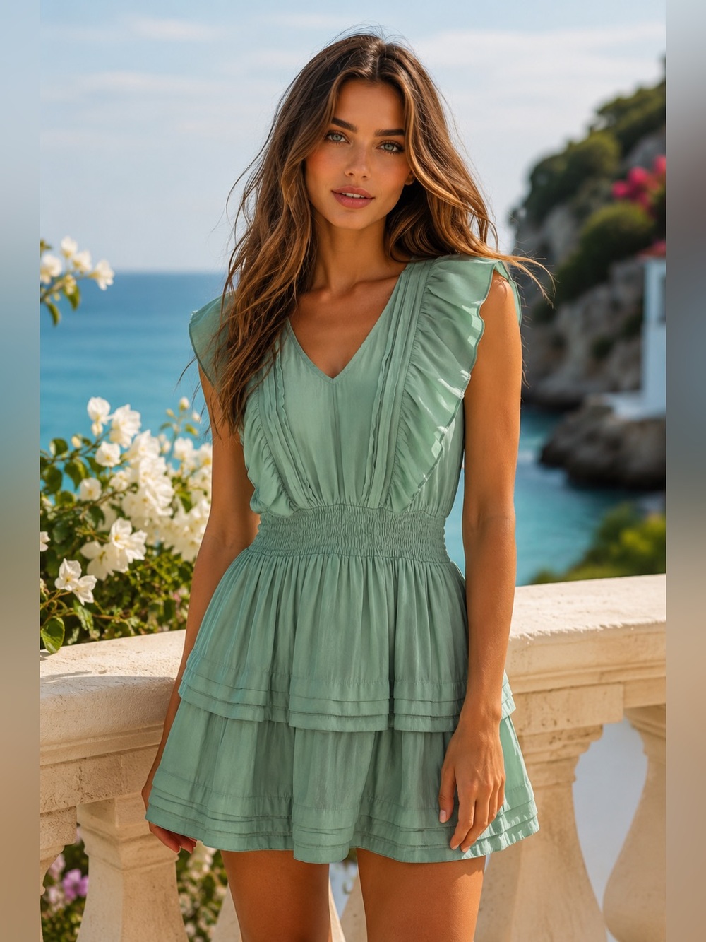Mustard Seed Sage Green Smocked Waist Ruffle Mini Dress